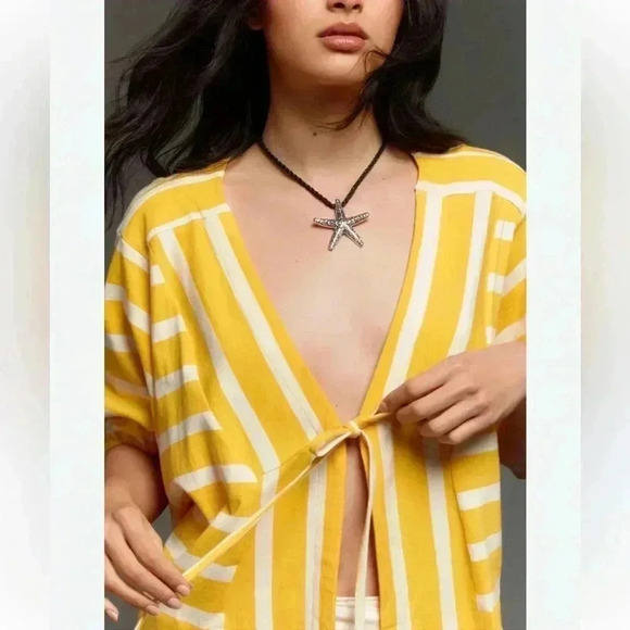 Anthropologie Voluminous Tie-Front Yellow Stripe Short Sleeve Top Size Small - Picture 3 of 8